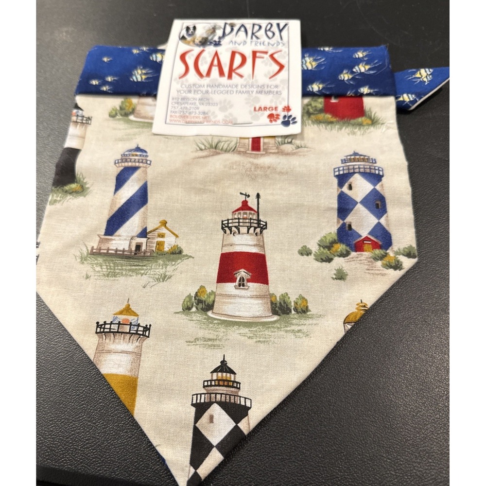 Hand Crafted Dog Bandana Scarf Lighthouse‎ Large Double Sided Scarf NEW Nautical